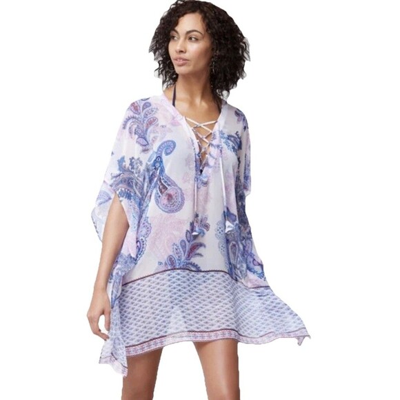 Tommy Bahama Swim Cover Up Large XL Paisley Medallion Tunic Sheer V-Neck Lace Up - Picture 1 of 9